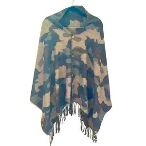 Womens Camouflage Button Up Poncho Wrap Scarf Shawl Soft Knit Tassels Blanket OS